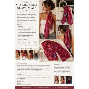 VTG Y2K Silk Dragonfly Scarf Oblong Berry Red Fairycore Indie Sleaze